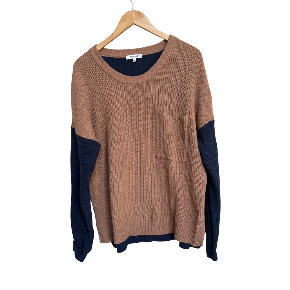Madewell Womens Colorblock Cotton Blend Knit Pocket Sweater Brown Navy Blue L